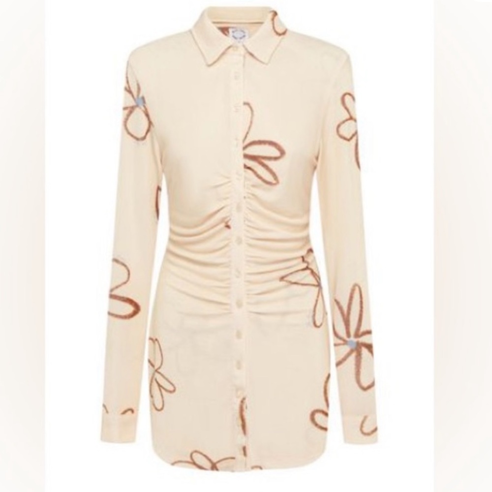 WITH JEAN Andy “Chalk & Flowers” Long Sleeve Cream Collar Button Mini Dress. - Picture 16 of 16